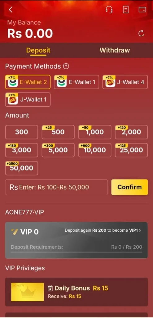 AONE777 Game Deposit